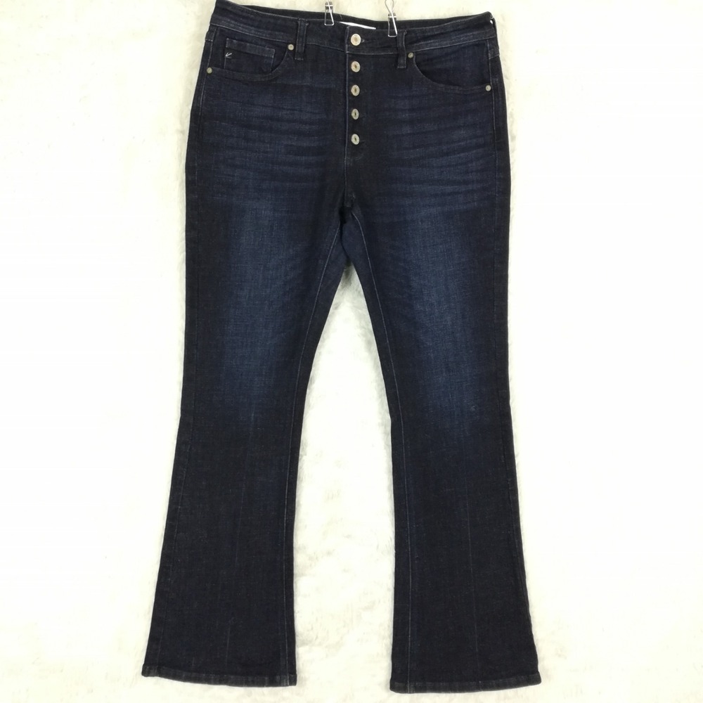 Kancan Womens Jeans High Rise Boot Cut Flare Blue Denim‎ Button Fly Petite 13